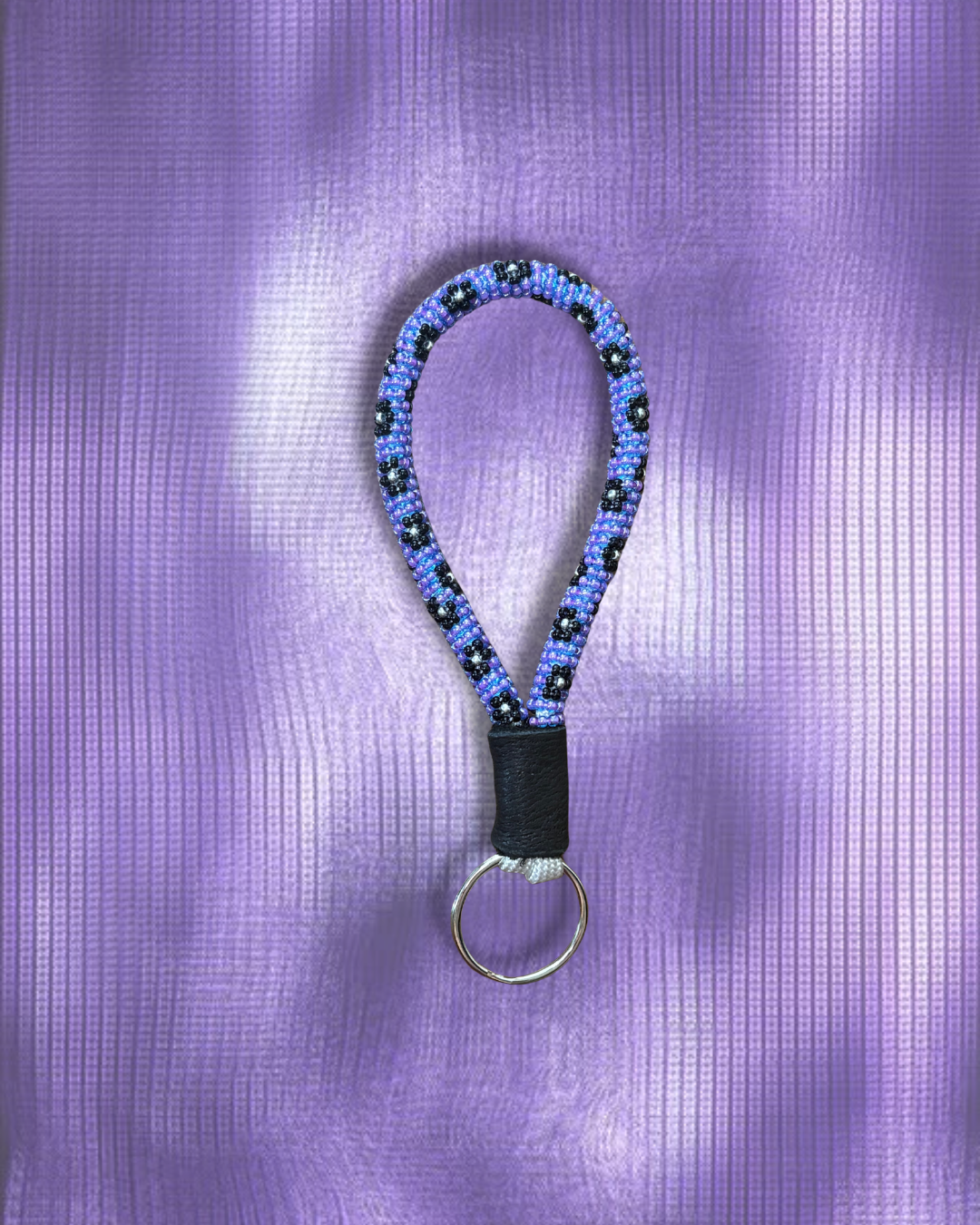Purple and Black Floral Beaded Mini Keychain