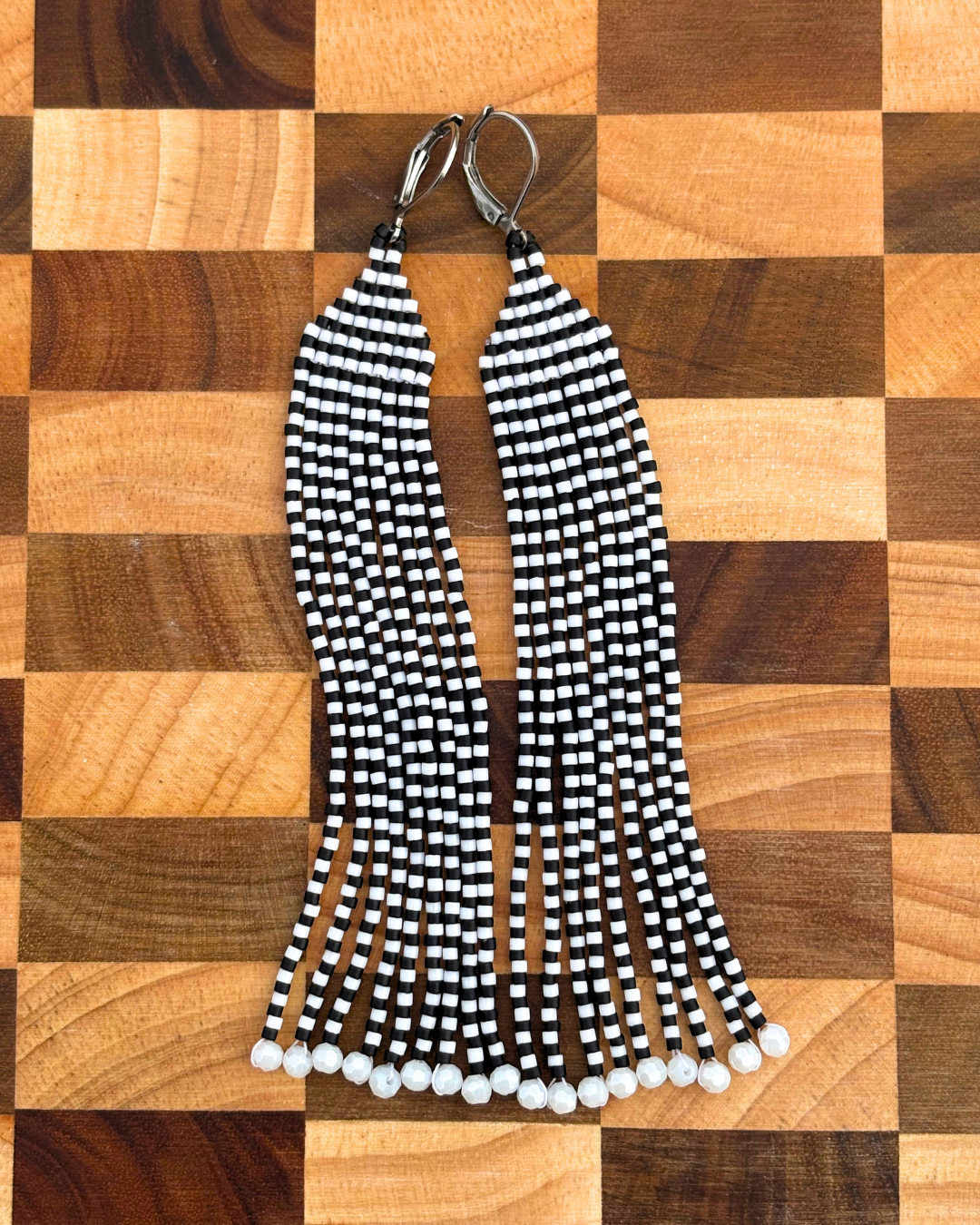 Black and White Beaded Fringe Earrings