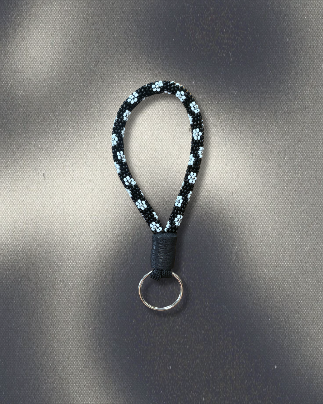 Black and White Floral Beaded Mini Keychain