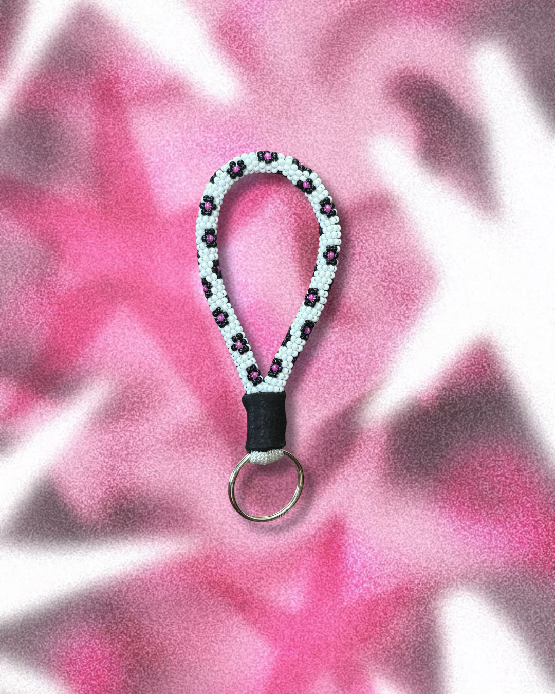White and Pink Floral Beaded Mini Keychain