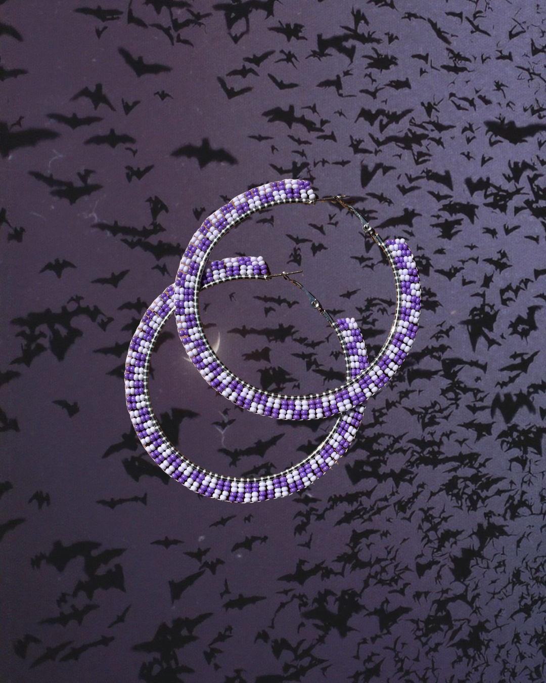 Checkered Purple Beaded Hoop Earrings