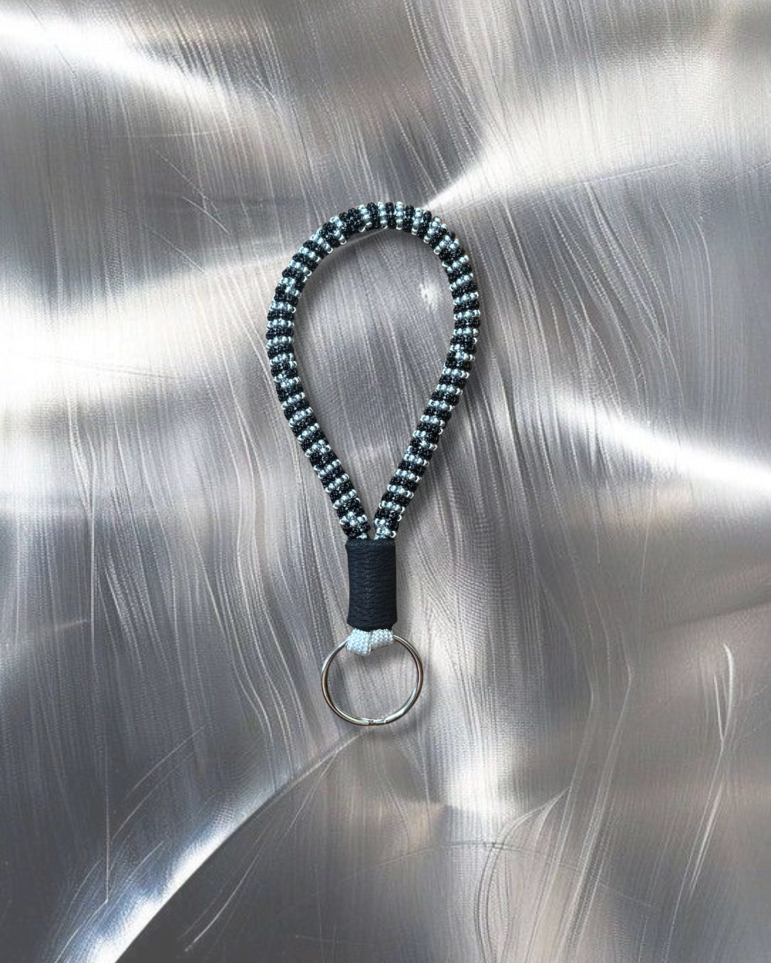 Black and Silver Striped Beaded Mini Keychain