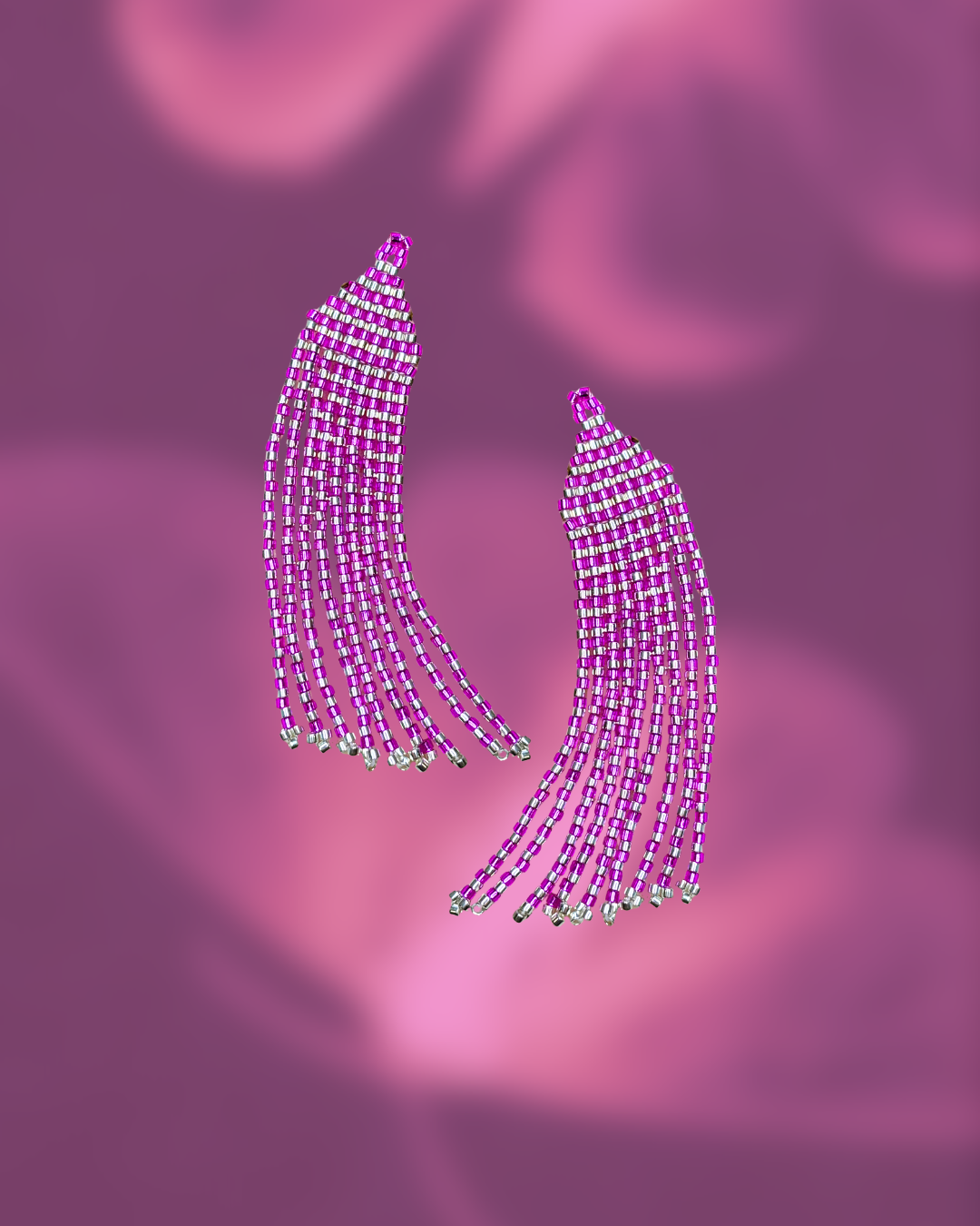 Pink and Silver Beaded Fringe Earrings