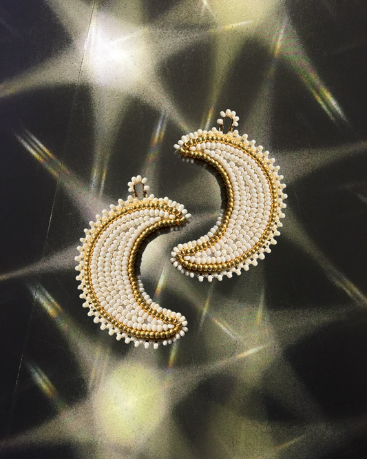 White + Gold Crescent Moon Earrings